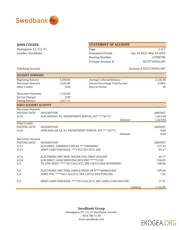 Suède Relevé bancaire de Swedbank xls